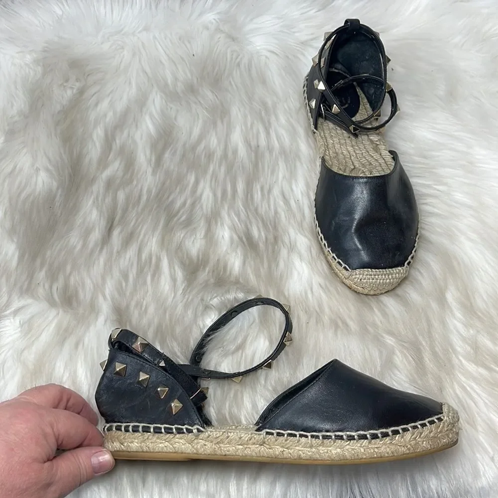 ASH Zania Black Leather Studded Dorsay Espadrilles Sz 36/6‎